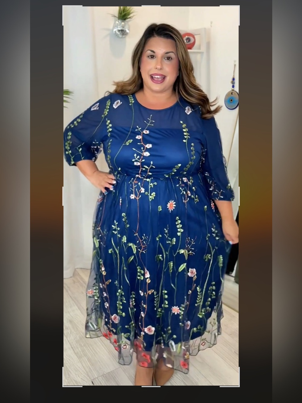 Plus Navy Floral Embroidered Mesh Midi Dress